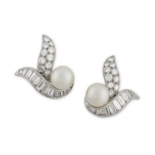 1950's Brilliant & baguette diamond and pearl earclips set in platinum