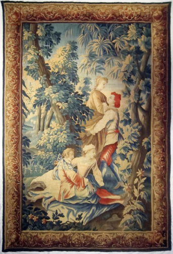 An Aubusson tapestry, circa 1750 . 'La Jeunesse', from the series 'Ages de la vie', based on engravings by Nicolas de Larmessin after the set of four paintings by Nicolas Lancret, now in the collection of the National Gallery, London. 8’11½” (273cm) high and 6’1” (185cm) wide.