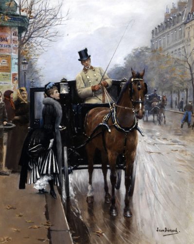 JEAN BÉRAUD (French, 1849-1935) “Going Home” Signed, lower right: Jean Béraud. Oil on panel 15¾ x 13 in – 40 x 33 cm Framed size 21¾ x 19 in – 55.2 x 48.2 cm Provenance: Parke-Bernet Galleries, New York, 23 January 1952, No.11 titled L’Équipage; Private Collection, USA; MacConnal-Mason Gallery, London, 1998; Private collection, UK