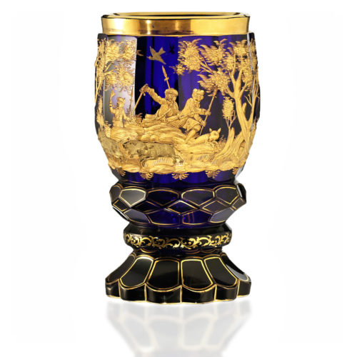 c.1840 Bohemian carved and gilded cobalt glass goblet vase. 16.5cm/6.5in high.
