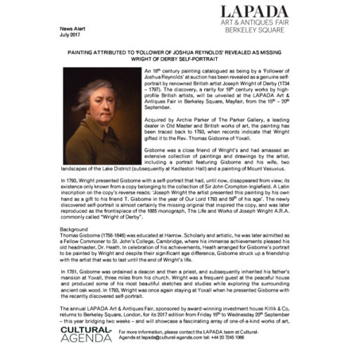 Press Release - Newly discovered Wright of Derby to be exhibited at the LAPADA Fair