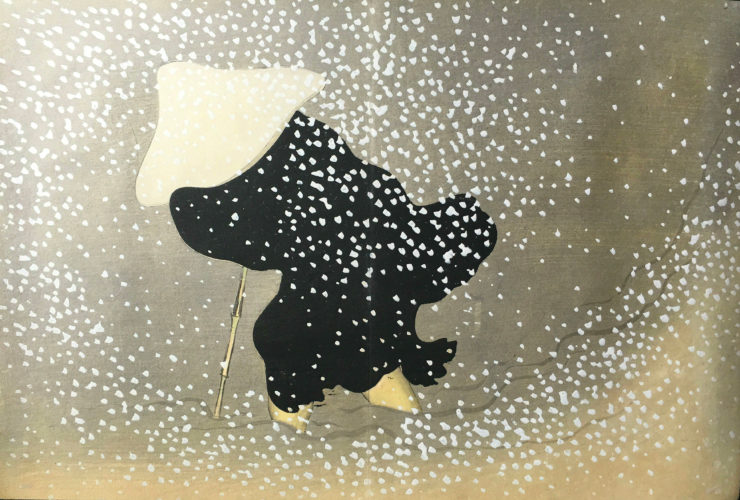 Kamisaka Sekka (1866-1942) Momoyogusa (A World of Things) Tomoe no Yuki (Exiled Nichiren in the whirling snow of Sado Island) Original Japanese woodblock print Published by Unsodo, Kyoto 1909 29cm x 44cm
