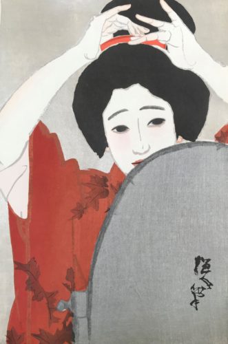 Kitano Tsunetomi (1880-1947) Four Seasons in the Licensed Quarter Shinchi in Winter, Before the Mirror Original Japanese woodblock print Published by Nakijima Seikado, Tokyo 1918 39cm x 26cm